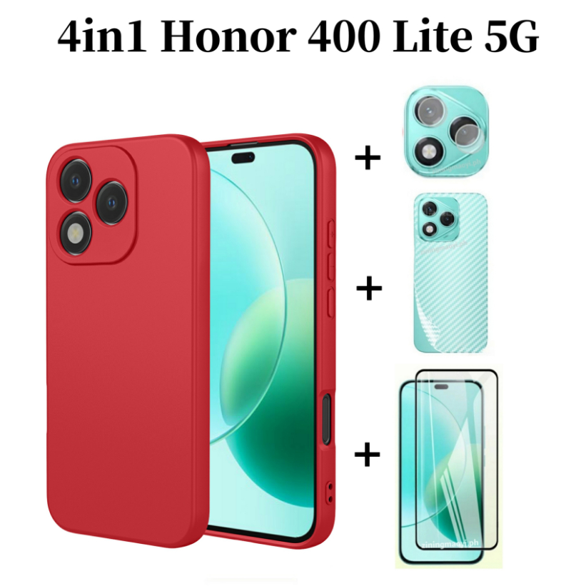 Ốp silicon lỏng giả 4in1 cho Honor 400 Lite 5G/400 Pro/200 5G/300 5G kèm kính cường lực, bảo vệ ống kính và mặt lưng