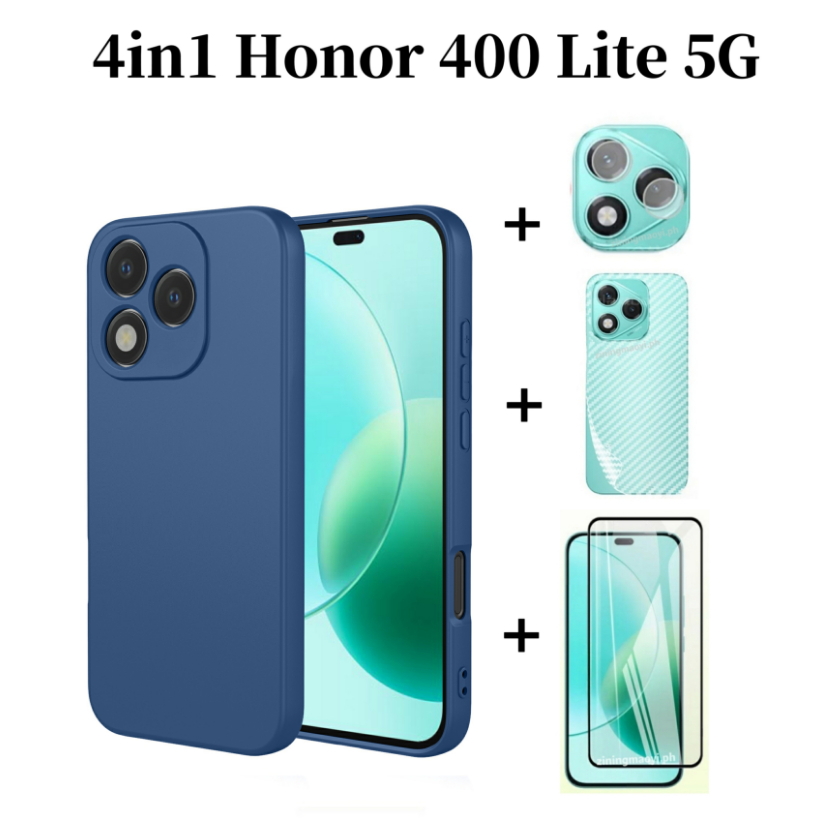 Ốp silicon lỏng giả 4in1 cho Honor 400 Lite 5G/400 Pro/200 5G/300 5G kèm kính cường lực, bảo vệ ống kính và mặt lưng