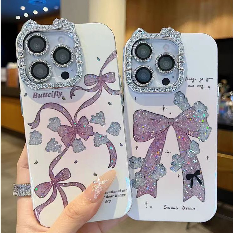 Ruy băng / màu trái tim / Tai mèo flash viền kim cương cứng tương thích cho 12 pro max 13 pro max 14 pro max 15 pro max 16 pro max