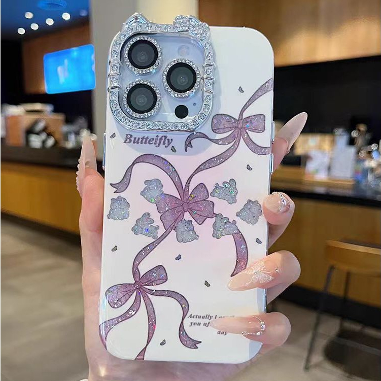 Ruy băng / màu trái tim / Tai mèo flash viền kim cương cứng tương thích cho 12 pro max 13 pro max 14 pro max 15 pro max 16 pro max