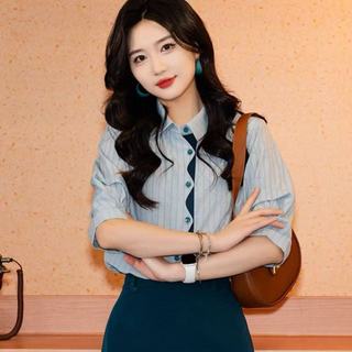Áo sơ mi nữ tay ngắn sọc màu dáng rộng phong cách Hàn Quốc