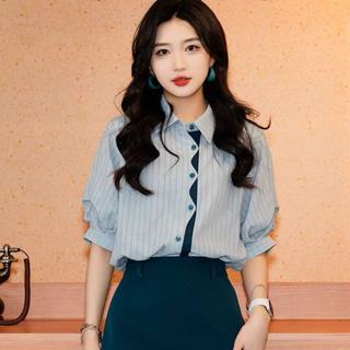 Áo sơ mi nữ tay ngắn sọc màu dáng rộng phong cách Hàn Quốc