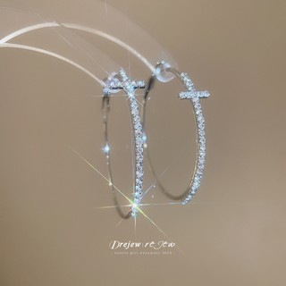 DREJEW 925Silver kim cương chéo bông tai tròn Châu Âu và Mỹ retro thời trang khí chất bông tai trơn nhẹ sang trọng cao cấp