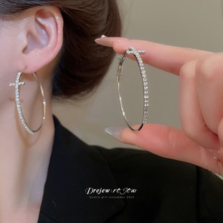 DREJEW 925Silver kim cương chéo bông tai tròn Châu Âu và Mỹ retro thời trang khí chất bông tai trơn nhẹ sang trọng cao cấp