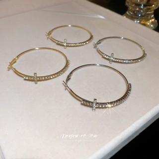 DREJEW 925Silver kim cương chéo bông tai tròn Châu Âu và Mỹ retro thời trang khí chất bông tai trơn nhẹ sang trọng cao cấp