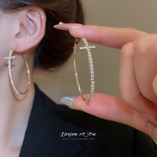 DREJEW 925Silver kim cương chéo bông tai tròn Châu Âu và Mỹ retro thời trang khí chất bông tai trơn nhẹ sang trọng cao cấp
