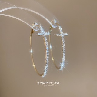 DREJEW 925Silver kim cương chéo bông tai tròn Châu Âu và Mỹ retro thời trang khí chất bông tai trơn nhẹ sang trọng cao cấp