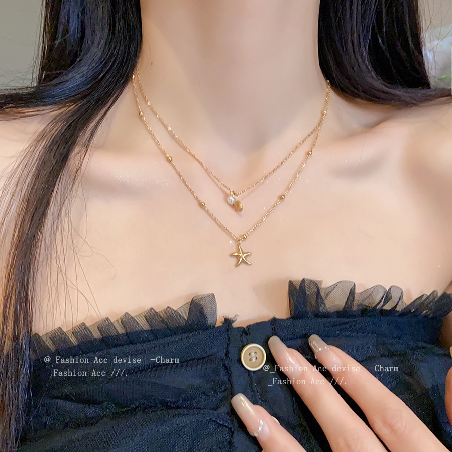 [Jewbeauty] Vòng cổ vỏ sò hình ngôi sao biển bằng thép titan bên bờ biển Phong cách kỳ nghỉ Vòng cổ sang trọng nhẹ thời trang và cao cấp