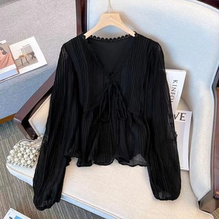 Áo sơ mi nữ dài tay cổ điển dáng rộng cổ chữ v thời trang Hàn Quốc