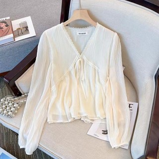 Áo sơ mi nữ dài tay cổ điển dáng rộng cổ chữ v thời trang Hàn Quốc