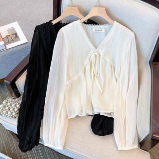 Áo sơ mi nữ dài tay cổ điển dáng rộng cổ chữ v thời trang Hàn Quốc
