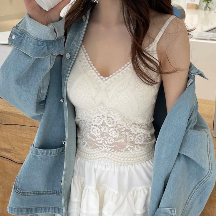 Áo yếm ren sang trọng nhẹ nhàng kiểu Pháp Quần lót cổ chữ V lưng đẹp màu trắng