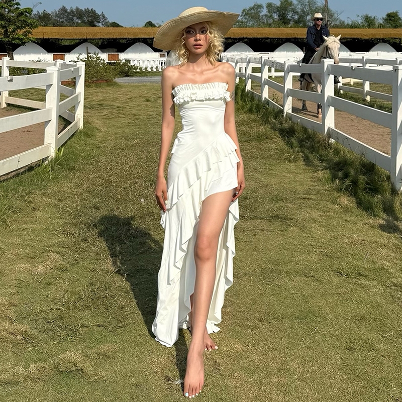 Cutenew Pháp Lãng Mạn Đầm Maxi Gợi Cảm Cổ Chém Tắt Vai Hình Skinny Eo Chia Bông Tai Kẹp Bầu Không Khí Nữ Mùa Hè Ngày Lễ Phong Cách