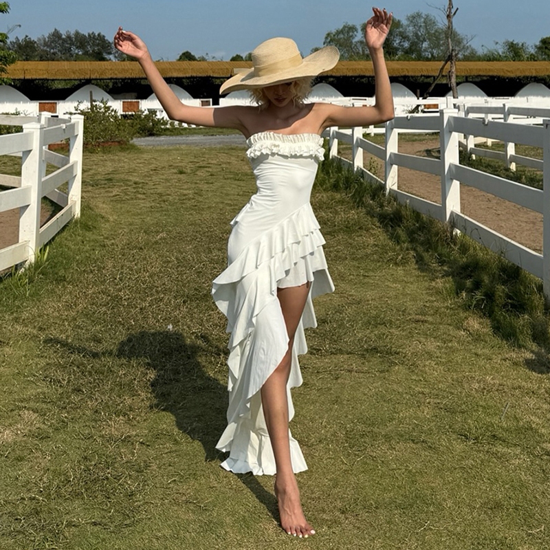 Cutenew Pháp Lãng Mạn Đầm Maxi Gợi Cảm Cổ Chém Tắt Vai Hình Skinny Eo Chia Bông Tai Kẹp Bầu Không Khí Nữ Mùa Hè Ngày Lễ Phong Cách