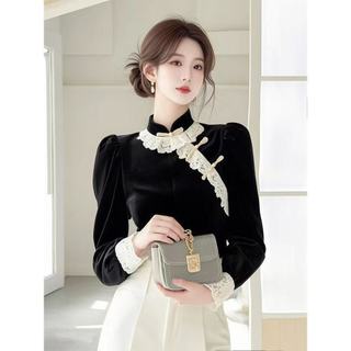 Áo sơ mi dài tay ren nhung phong cách Trung Quốc dành cho nữ