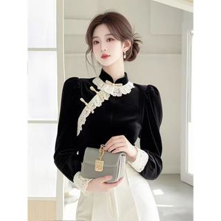 Áo sơ mi dài tay ren nhung phong cách Trung Quốc dành cho nữ