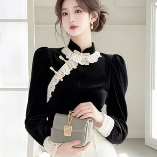 Áo sơ mi dài tay ren nhung phong cách Trung Quốc dành cho nữ
