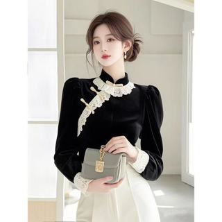 Áo sơ mi dài tay ren nhung phong cách Trung Quốc dành cho nữ