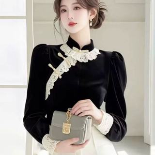 Áo sơ mi dài tay ren nhung phong cách Trung Quốc dành cho nữ