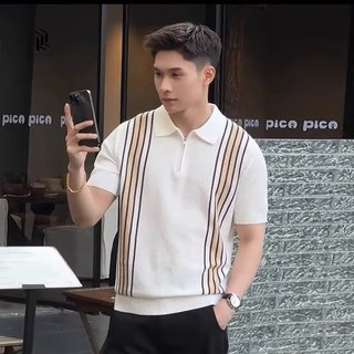 Nhẹ Phong Cách Trưởng Thành Màu Sắc Tương Phản Sọc Ve Áo POLO Áo Sơ Mi Nam Mùa Hè Băng Lụa Đan Áo Thun Tay Ngắn Nam Thường Ngày