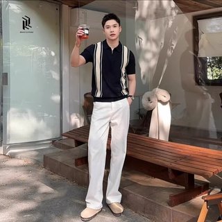 Nhẹ Phong Cách Trưởng Thành Màu Sắc Tương Phản Sọc Ve Áo POLO Áo Sơ Mi Nam Mùa Hè Băng Lụa Đan Áo Thun Tay Ngắn Nam Thường Ngày