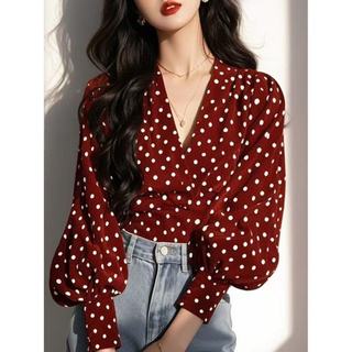 Phong Cách Hàn Quốc Nữ Nữ Rời Cổ Chữ V Chấm Bi Đèn Lồng Áo Sơ Mi Tay Dài