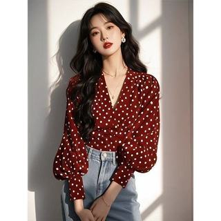 Phong Cách Hàn Quốc Nữ Nữ Rời Cổ Chữ V Chấm Bi Đèn Lồng Áo Sơ Mi Tay Dài