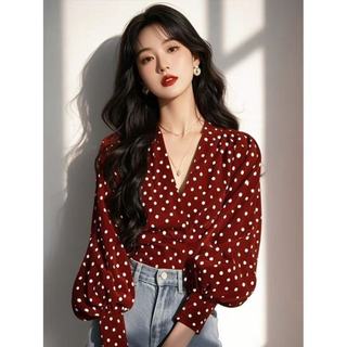 Phong Cách Hàn Quốc Nữ Nữ Rời Cổ Chữ V Chấm Bi Đèn Lồng Áo Sơ Mi Tay Dài