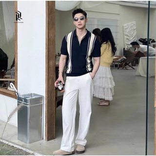 Nhẹ Phong Cách Trưởng Thành Màu Sắc Tương Phản Sọc Ve Áo POLO Áo Sơ Mi Nam Mùa Hè Băng Lụa Đan Áo Thun Tay Ngắn Nam Thường Ngày