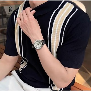 Nhẹ Phong Cách Trưởng Thành Màu Sắc Tương Phản Sọc Ve Áo POLO Áo Sơ Mi Nam Mùa Hè Băng Lụa Đan Áo Thun Tay Ngắn Nam Thường Ngày