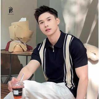Nhẹ Phong Cách Trưởng Thành Màu Sắc Tương Phản Sọc Ve Áo POLO Áo Sơ Mi Nam Mùa Hè Băng Lụa Đan Áo Thun Tay Ngắn Nam Thường Ngày