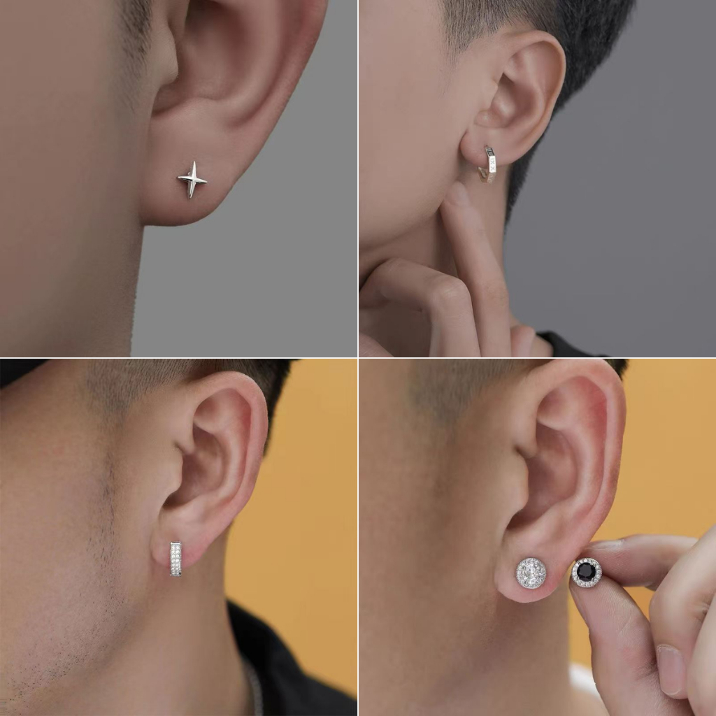 Bông tai tròn kim cương bạc S925 thời trang Lông vũ nam Kim cương Đơn giản Hợp thời trang