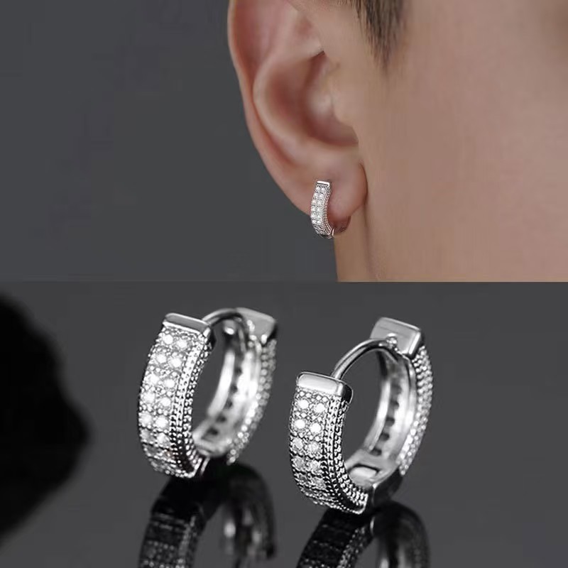 Bông tai tròn kim cương bạc S925 thời trang Lông vũ nam Kim cương Đơn giản Hợp thời trang