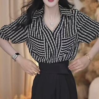Áo sơ mi nữ dáng rộng cổ chữ V sọc đen 3 / 4 phong cách Hàn Quốc