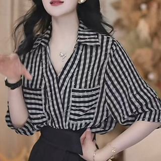 Áo sơ mi nữ dáng rộng cổ chữ V sọc đen 3 / 4 phong cách Hàn Quốc