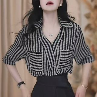 Áo sơ mi nữ dáng rộng cổ chữ V sọc đen 3 / 4 phong cách Hàn Quốc