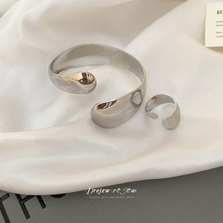 DREZEW Vòng tay mở hình bầu dục bóng kim loại châu Âu và Mỹ cá tính đa năng nhẹ sang trọng trang sức tay cao cấp