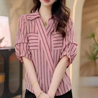 Áo sơ mi nữ tay sọc rộng 3 / 4 phong cách Hàn Quốc