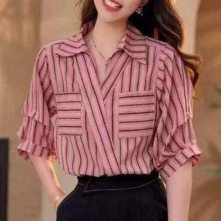 Áo sơ mi nữ tay sọc rộng 3 / 4 phong cách Hàn Quốc