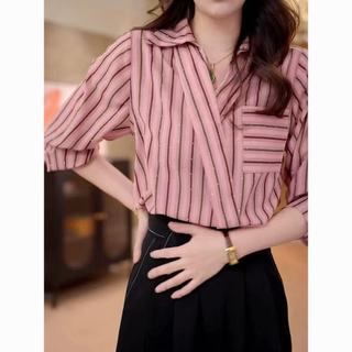 Áo sơ mi nữ tay sọc rộng 3 / 4 phong cách Hàn Quốc