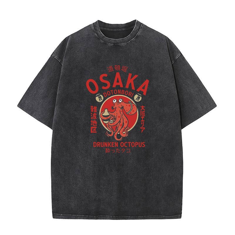 Osaka Dotonbori Drunken Bạch Tuộc Đồ Họa Áo Sơ Mi Phong Cách Nhật Bản Thực Phẩm Đường Phố Người Yêu Tee Nam Nữ Cotton RửaVintage Tay Ngắn
