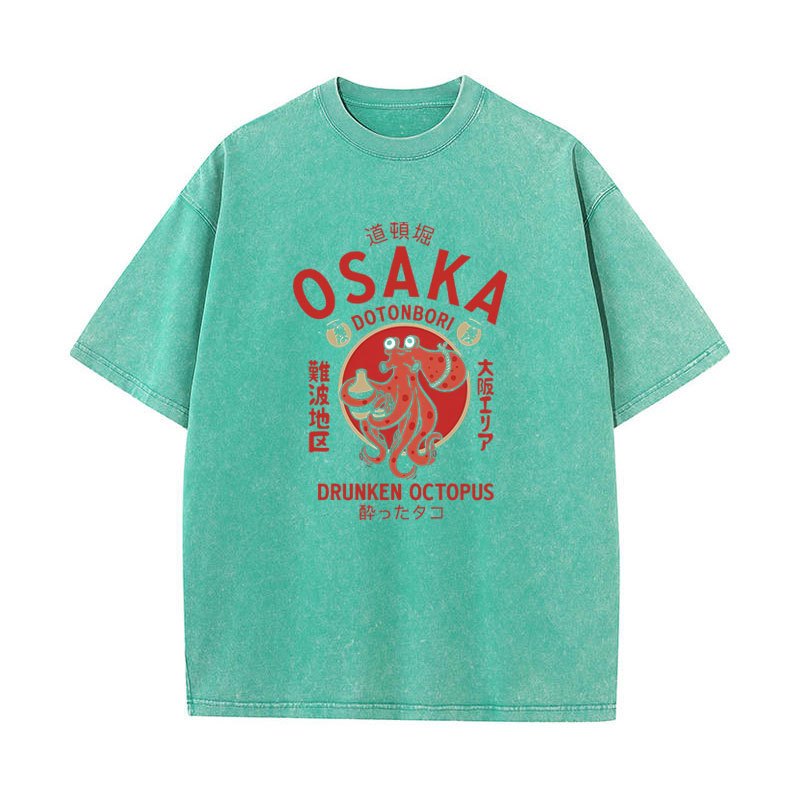 Osaka Dotonbori Drunken Bạch Tuộc Đồ Họa Áo Sơ Mi Phong Cách Nhật Bản Thực Phẩm Đường Phố Người Yêu Tee Nam Nữ Cotton RửaVintage Tay Ngắn