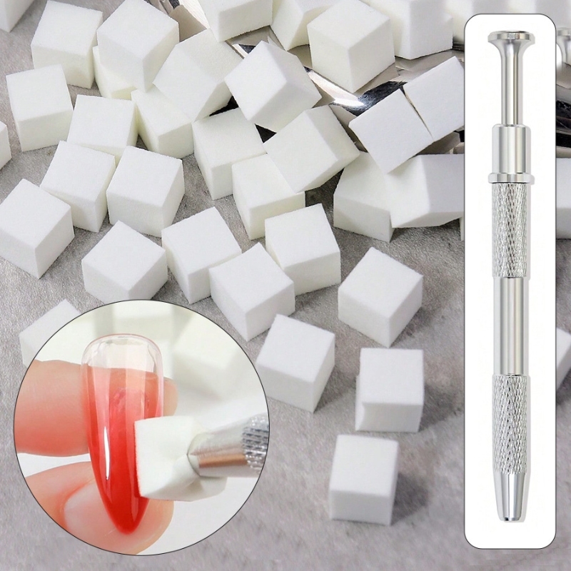 【Local】Bộ 100 miếng bọt biển móng tay nghệ thuật vuông, cọ gradient, bút lấy gel sơn móng xốp