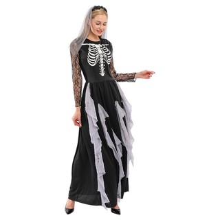Trang phục cô dâu sọ cho phụ nữ Nữ Halloween Skull Cosplay Trang phục tiệc fancy với ban nhạc tóc