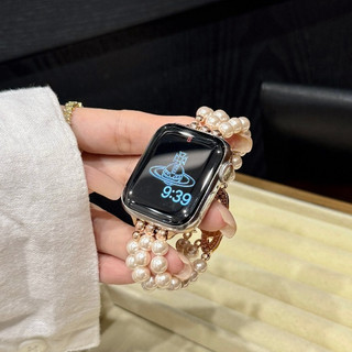 Dây đeo đàn hồi ngọc trai ba hàng cho Apple Watch Ultra 46 / 44 / 40 / 49 / 45 / 41 / 42 / 38 / 45mm iwatch Series Ultra / 10 / 9 / 8 / 7 / 6 / 5 / 4 / 3 / 2 / 1 / SE