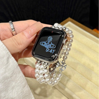 Dây đeo đàn hồi ngọc trai ba hàng cho Apple Watch Ultra 46 / 44 / 40 / 49 / 45 / 41 / 42 / 38 / 45mm iwatch Series Ultra / 10 / 9 / 8 / 7 / 6 / 5 / 4 / 3 / 2 / 1 / SE