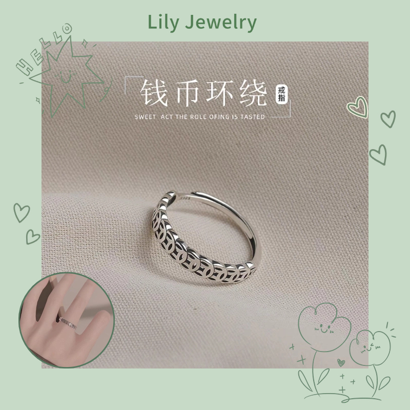 Retro Money-Fortune Good Luck Ring Nữ Thiết kế độc đáo Mở đơn giản Điều chỉnh