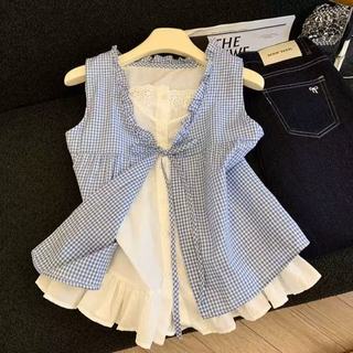 Phong Cách Hàn Quốc Nữ Nữ Rời Ruffle Baggy Áo Sơ Mi Không Tay Ren Giả-hai Mảnh