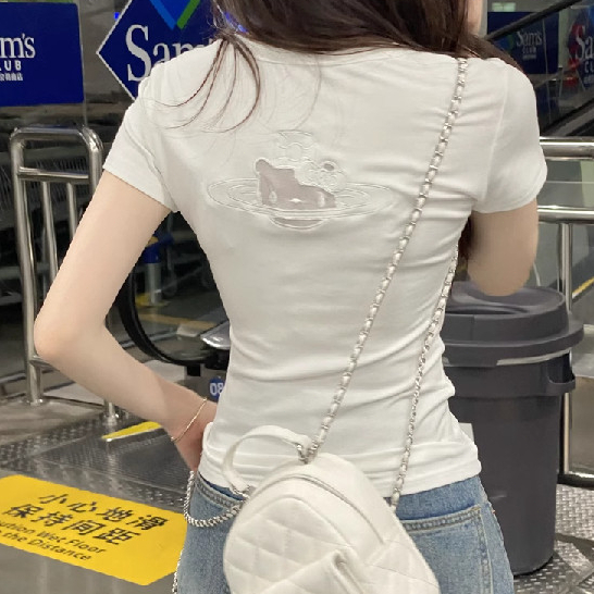 Kt Thiết Kế Thêu Cảm Giác Chính Hãng Vai Ngắn Tay Áo Thun Nữ Hot Girl
