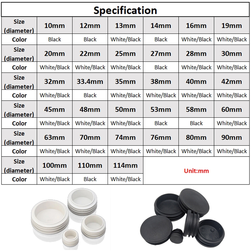 Đen Tròn Nhựa Trống Cuối Nắp Ống Chèn Ống Cắm Bung Chèn Nút Chặn Cho Ghế Chân Ống 10 ~ 114mm
